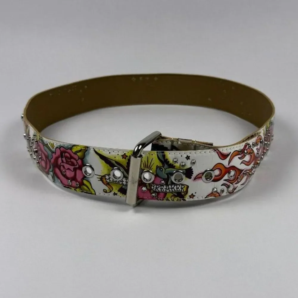 Ed Hardy Style Tattoo-Inspired Graphic Belt Colorful Rhinestone Accents 38.5